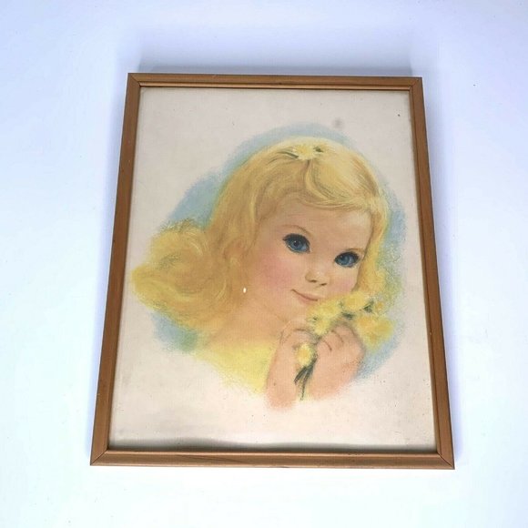 Vintage 1960s Northern Bathroom Toilet Tissue Pale Gold Print Girl Framed - Picture 1 of 10